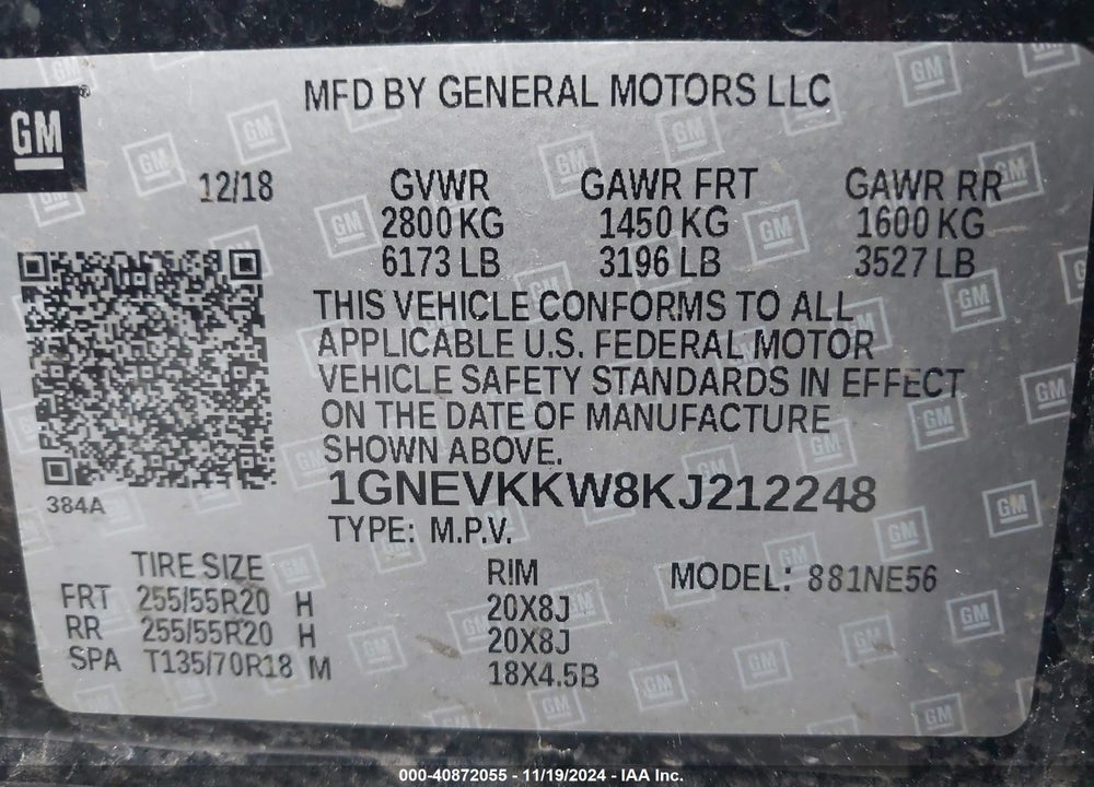 2019 CHEVROLET TRAVERSE PREMIER VIN: 1GNEVKKW8KJ212248