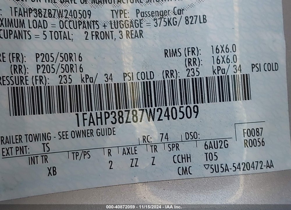 2007 FORD FOCUS ST VIN: 1FAHP38Z87W240509