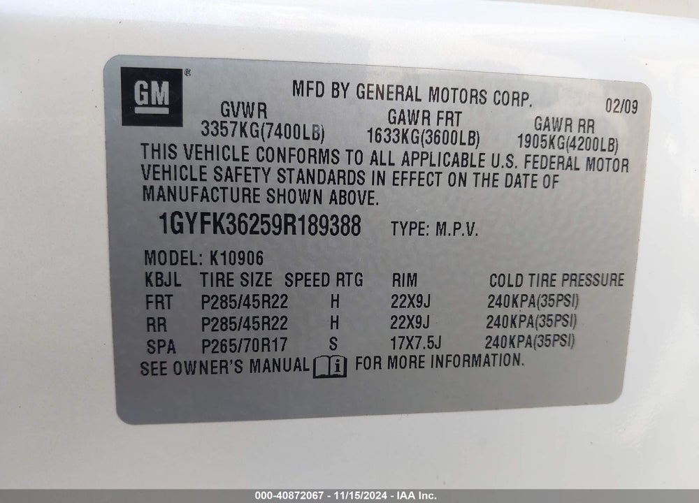 2009 CADILLAC ESCALADE ESV PLATINUM EDITION VIN: 1GYFK36259R189388