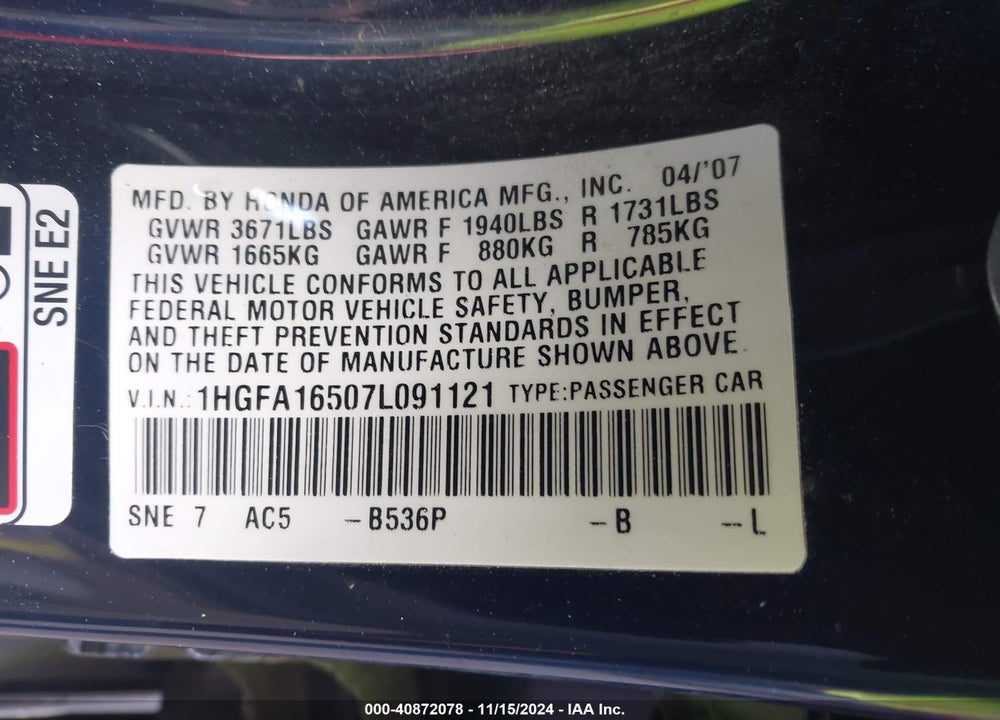 2007 HONDA CIVIC LX VIN: 1HGFA16507L091121
