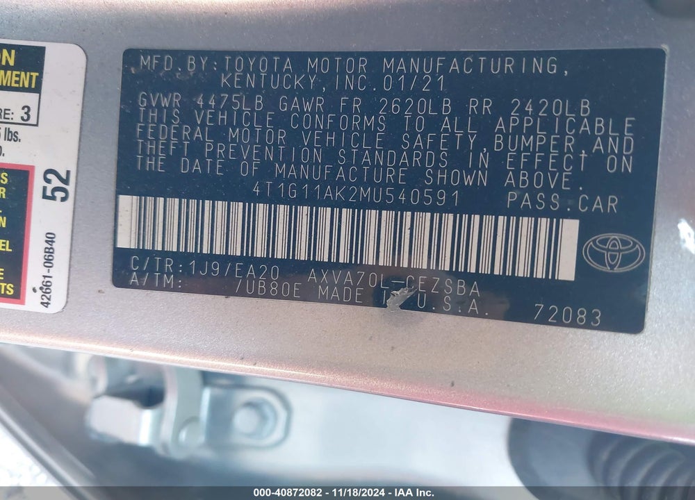 2021 TOYOTA CAMRY SE VIN: 4T1G11AK2MU540591