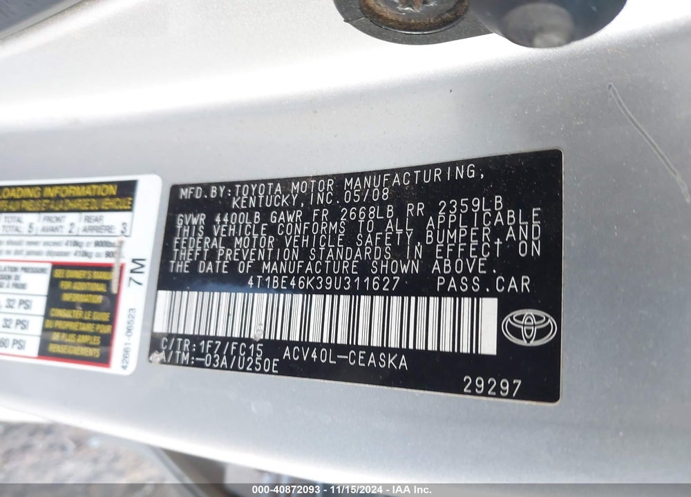 2009 TOYOTA CAMRY SE VIN: 4T1BE46K39U311627