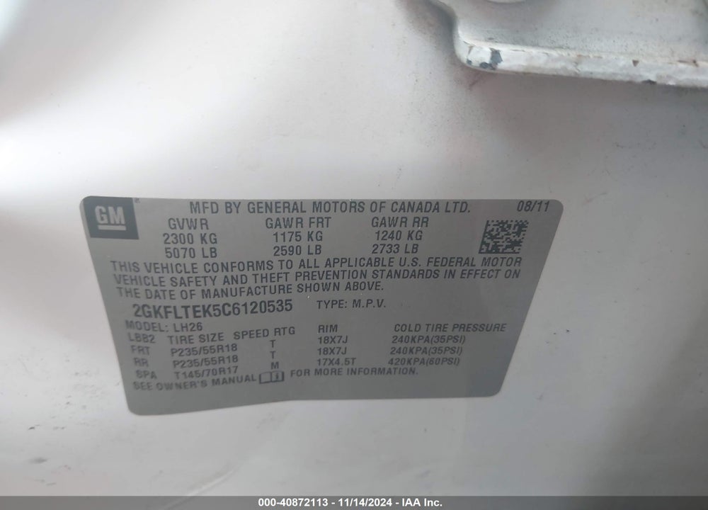 2012 GMC TERRAIN SLE-2 VIN: 2GKFLTEK5C6120535