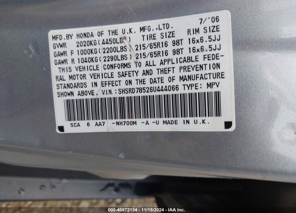 2006 HONDA CR-V VIN: SHSRD78526U444066