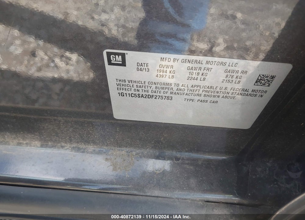 2013 CHEVROLET MALIBU 1LT VIN: 1G11C5SA2DF275783