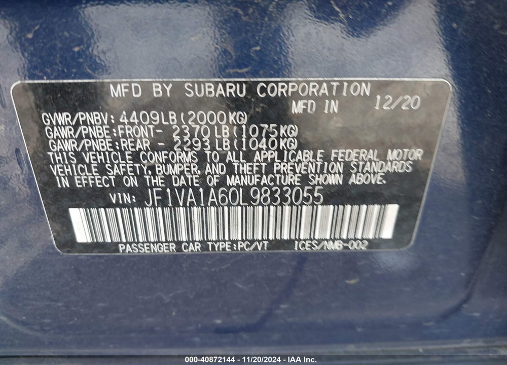 2020 SUBARU WRX VIN: JF1VA1A60L9833055