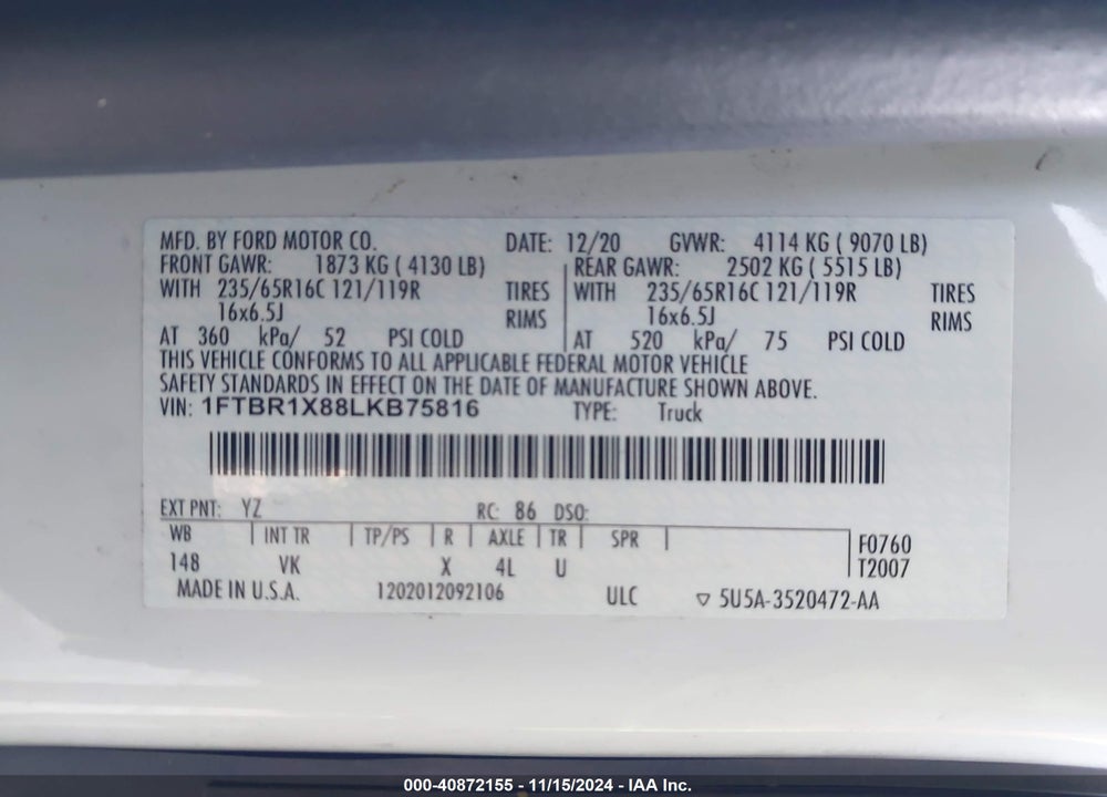 2020 FORD TRANSIT-250 CARGO VAN VIN: 1FTBR1X88LKB75816