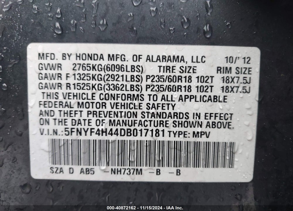 2013 HONDA PILOT EX VIN: 5FNYF4H44DB017181