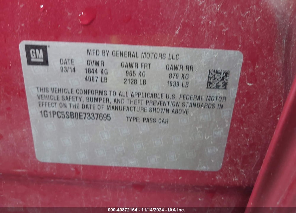 2014 CHEVROLET CRUZE 1LT AUTO VIN: 1G1PC5SB0E7337695
