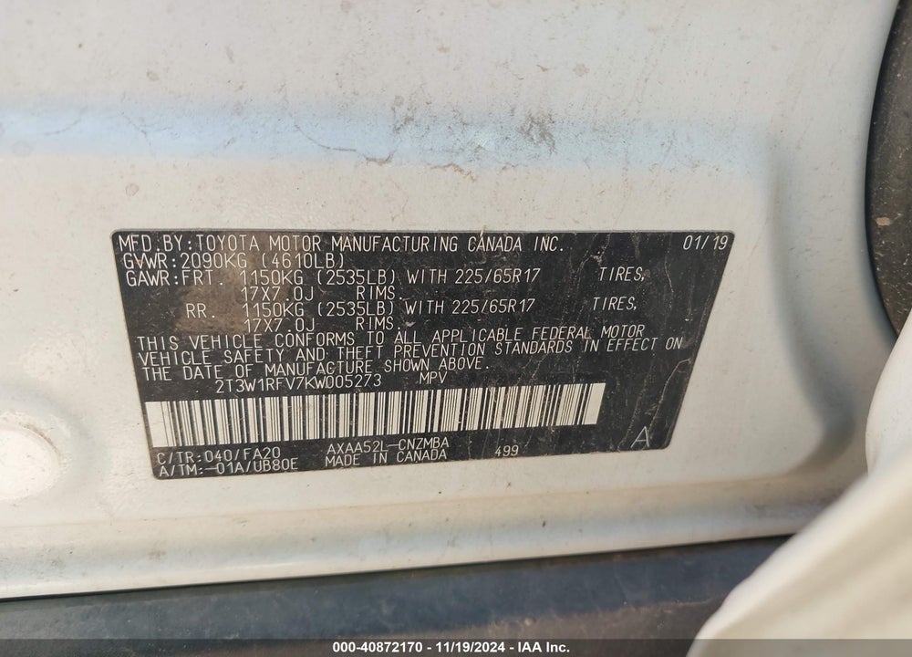 2019 TOYOTA RAV4 XLE VIN: 2T3W1RFV7KW005273