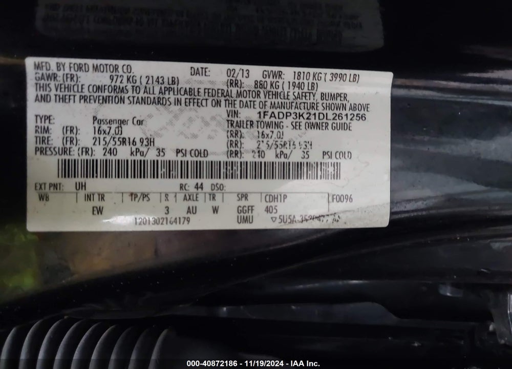 2013 FORD FOCUS SE VIN: 1FADP3K21DL261256