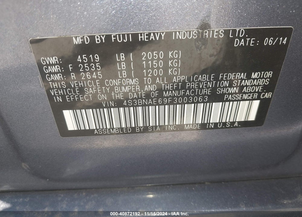 2015 SUBARU LEGACY VIN: 4S3BNAE69F3003063