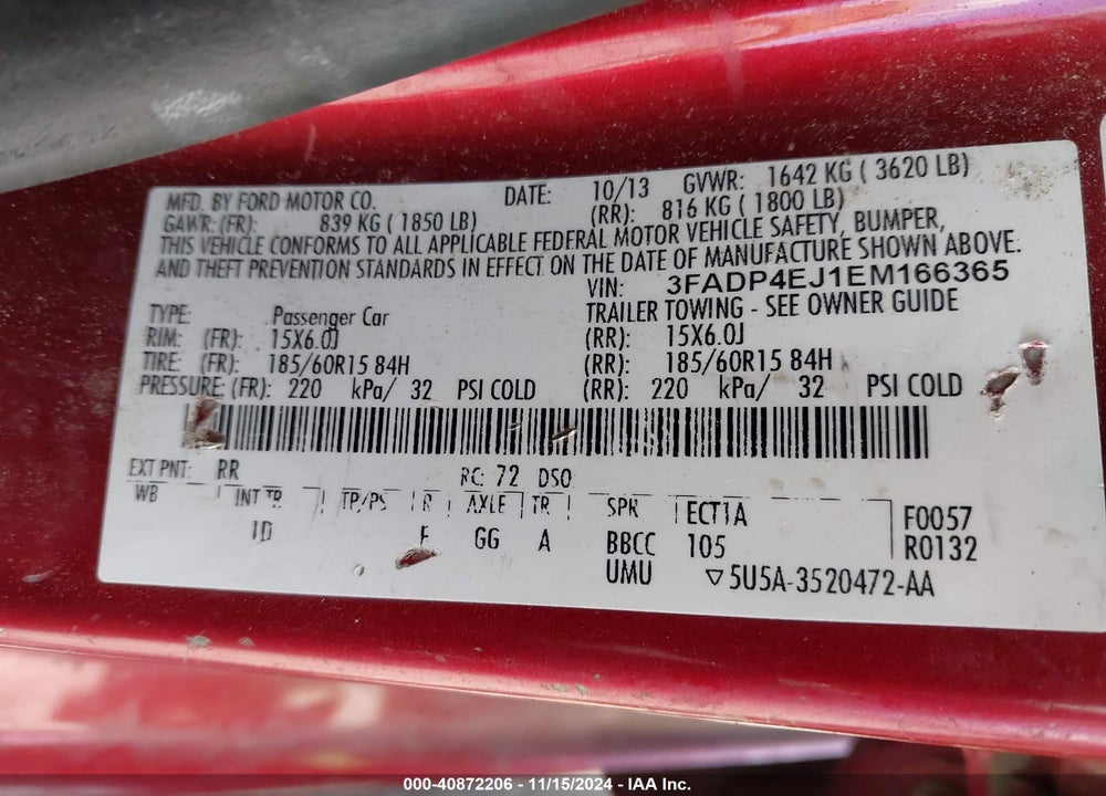 2014 FORD FIESTA SE VIN: 3FADP4EJ1EM166365