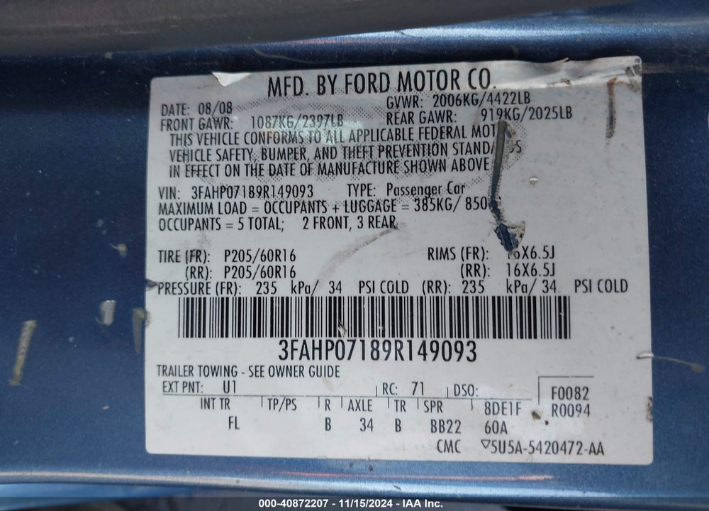 2009 FORD FUSION SE VIN: 3FAHP07189R149093