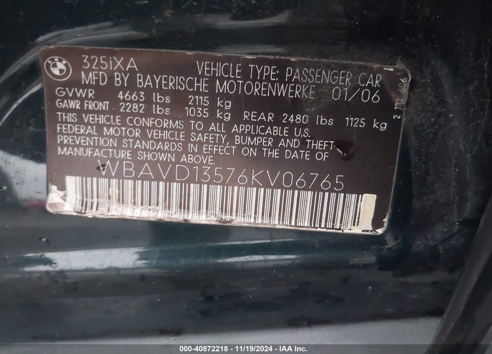 2006 BMW 325XI VIN: WBAVD13576KV06765