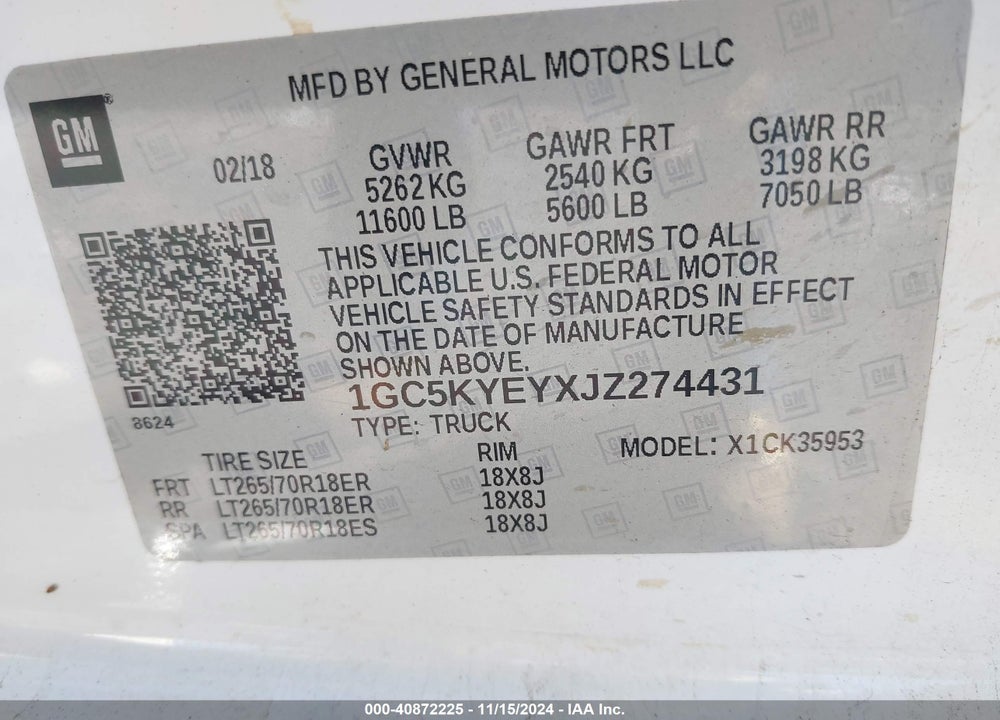 2018 CHEVROLET SILVERADO 3500HD WT VIN: 1GC5KYEYXJZ274431