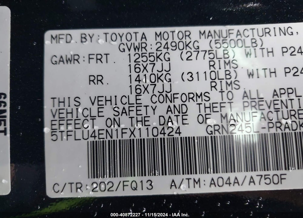 2015 TOYOTA TACOMA BASE V6 VIN: 5TFLU4EN1FX110424