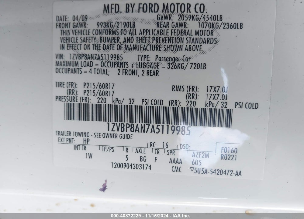 2010 FORD MUSTANG V6 VIN: 1ZVBP8AN7A5119985