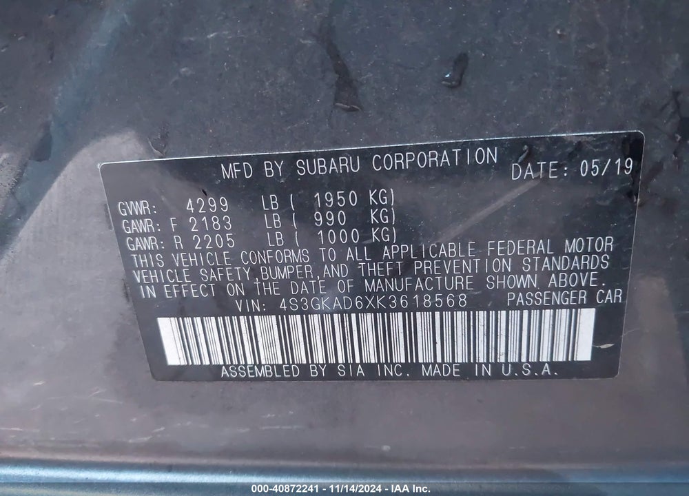 2019 SUBARU IMPREZA 2.0I PREMIUM VIN: 4S3GKAD6XK3618568