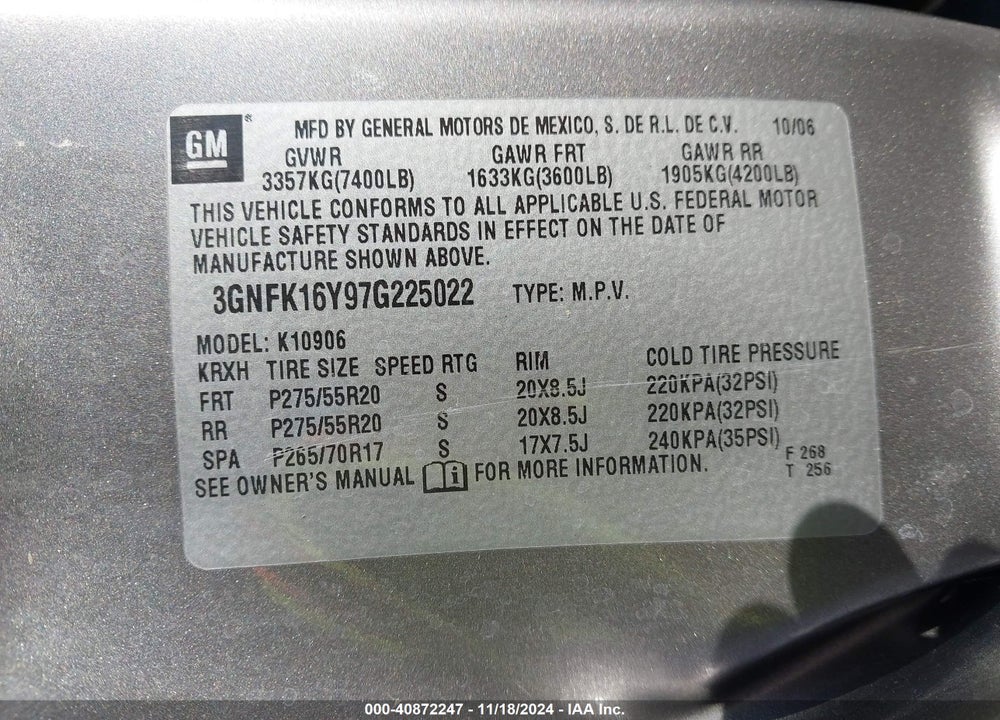 2007 CHEVROLET SUBURBAN 1500 LTZ VIN: 3GNFK16Y97G225022