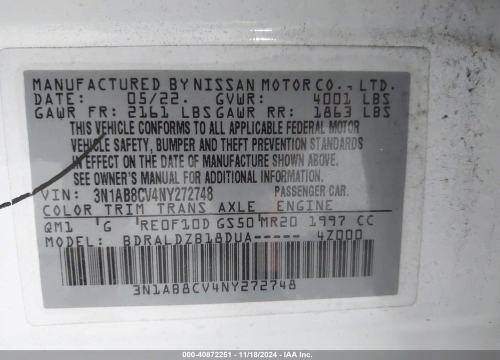 2022 NISSAN SENTRA SV XTRONIC CVT VIN: 3N1AB8CV4NY272748