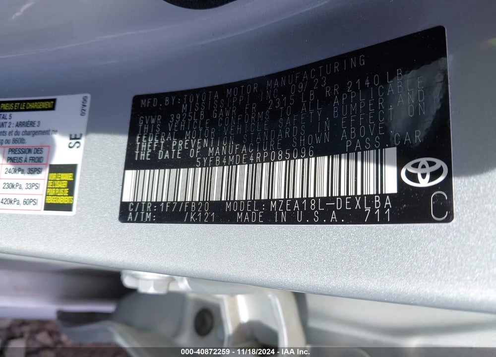 2024 TOYOTA COROLLA LE VIN: 5YFB4MDE4RP085096