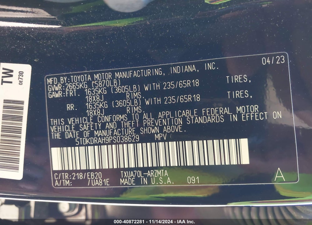 2023 TOYOTA HIGHLANDER XLE VIN: 5TDKDRAH9PS038629
