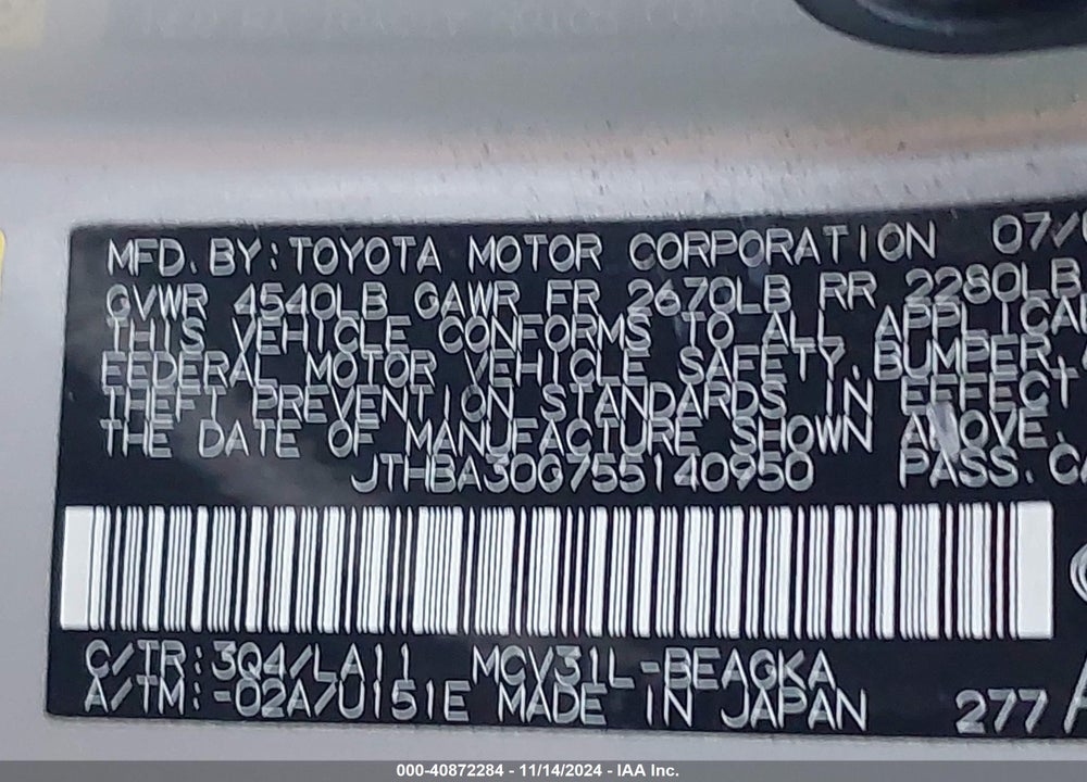 2005 LEXUS ES 330 VIN: JTHBA30G755140950