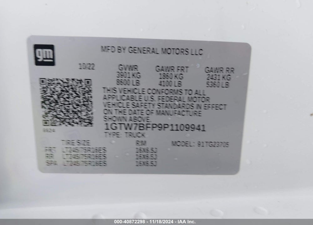 2023 GMC SAVANA CARGO RWD 2500 EXTENDED WHEELBASE WORK VAN VIN: 1GTW7BFP9P1109941