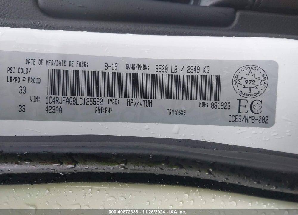 2020 JEEP GRAND CHEROKEE LAREDO VIN: 1C4RJFAG8LC125592