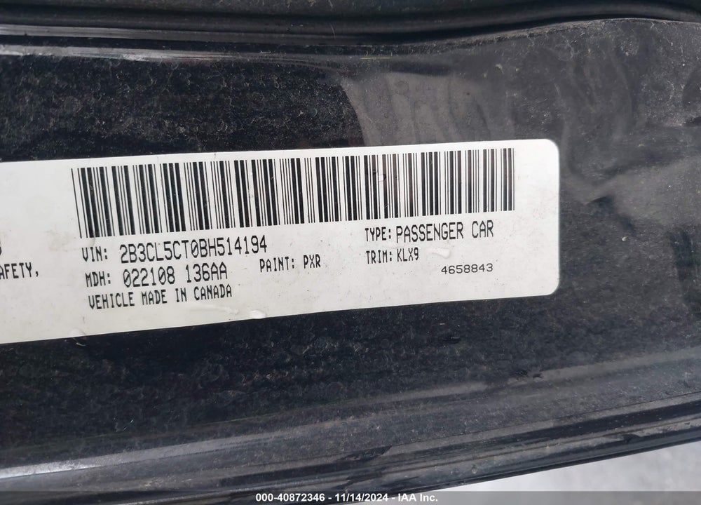 2011 DODGE CHARGER R/T VIN: 2B3CL5CT0BH514194