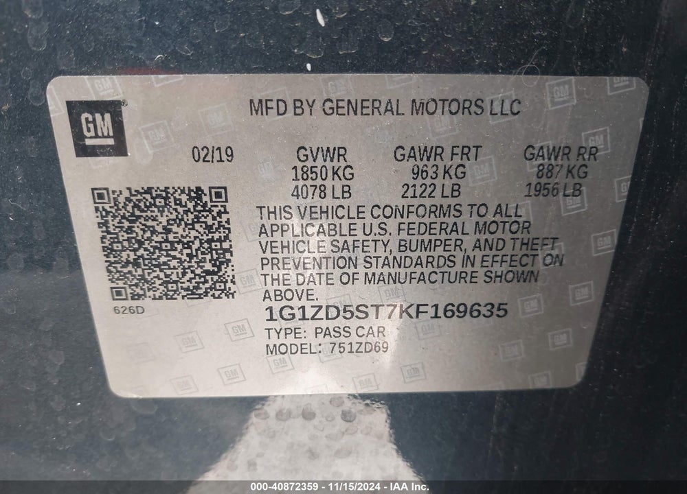2019 CHEVROLET MALIBU LT VIN: 1G1ZD5ST7KF169635