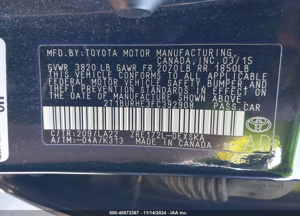 2015 TOYOTA COROLLA S PREMIUM VIN: 2T1BURHE3FC392908