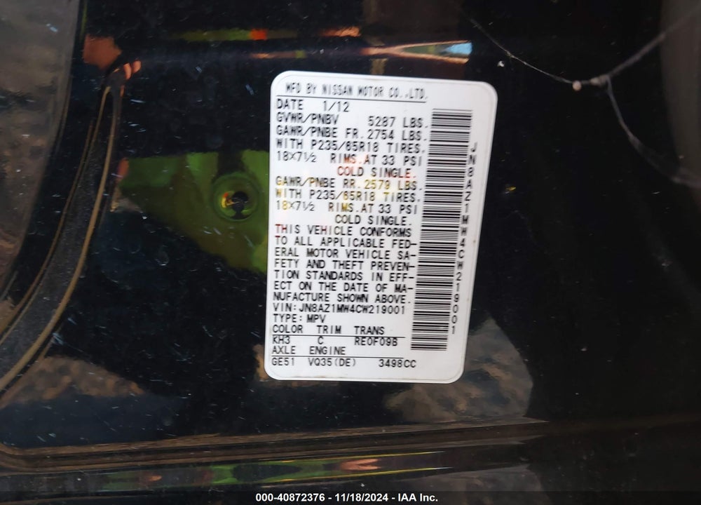2012 NISSAN MURANO SV VIN: JN8AZ1MW4CW219001