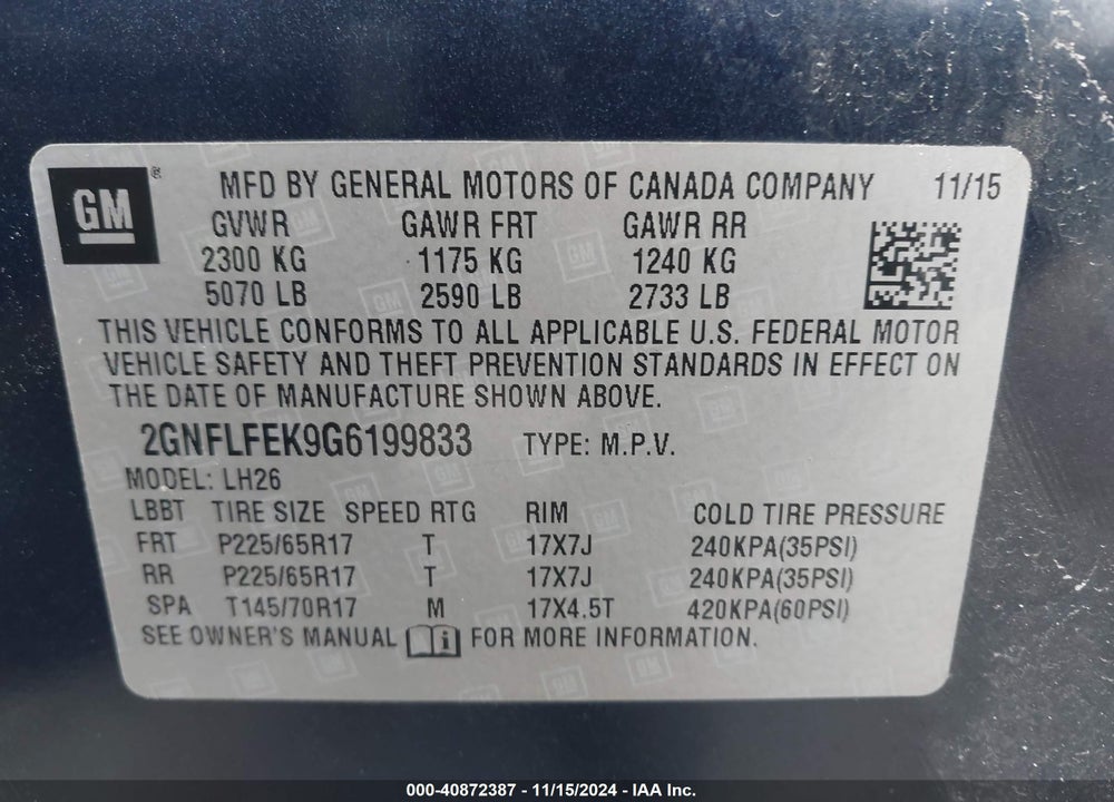 2016 CHEVROLET EQUINOX LT VIN: 2GNFLFEK9G6199833