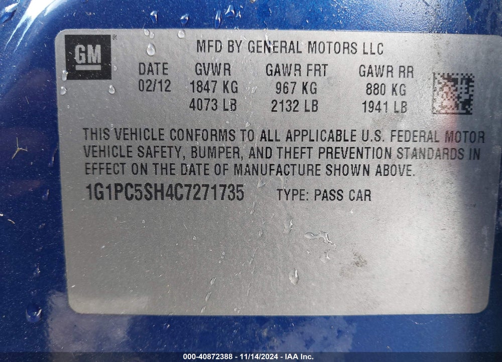 2012 CHEVROLET CRUZE LS VIN: 1G1PC5SH4C7271735