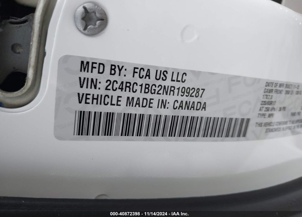 2022 CHRYSLER PACIFICA TOURING L VIN: 2C4RC1BG2NR199287