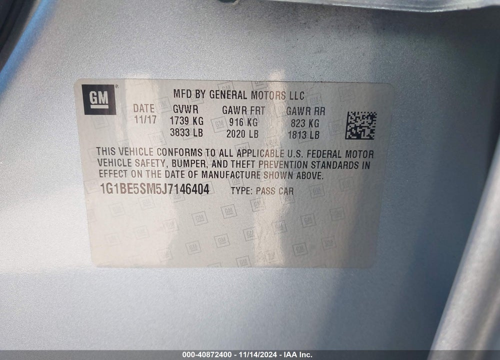 2018 CHEVROLET CRUZE LT AUTO VIN: 1G1BE5SM5J7146404