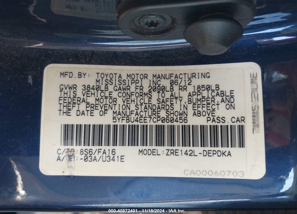 2012 TOYOTA COROLLA L VIN: 5YFBU4EE7CP060456