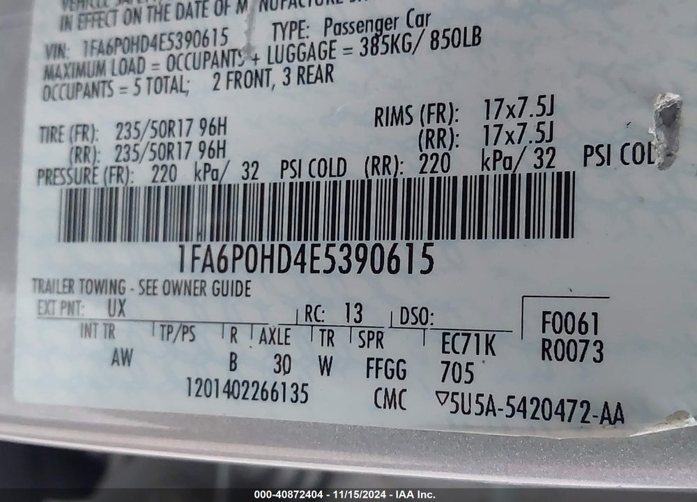 2014 FORD FUSION SE VIN: 1FA6P0HD4E5390615