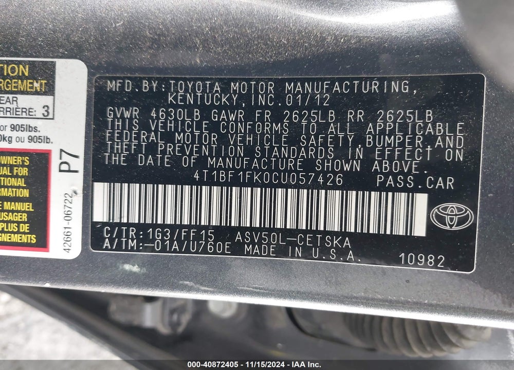 2012 TOYOTA CAMRY SE VIN: 4T1BF1FK0CU057426