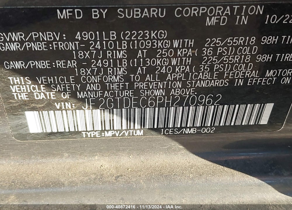 2023 SUBARU CROSSTREK HYBRID VIN: JF2GTDEC6PH270962