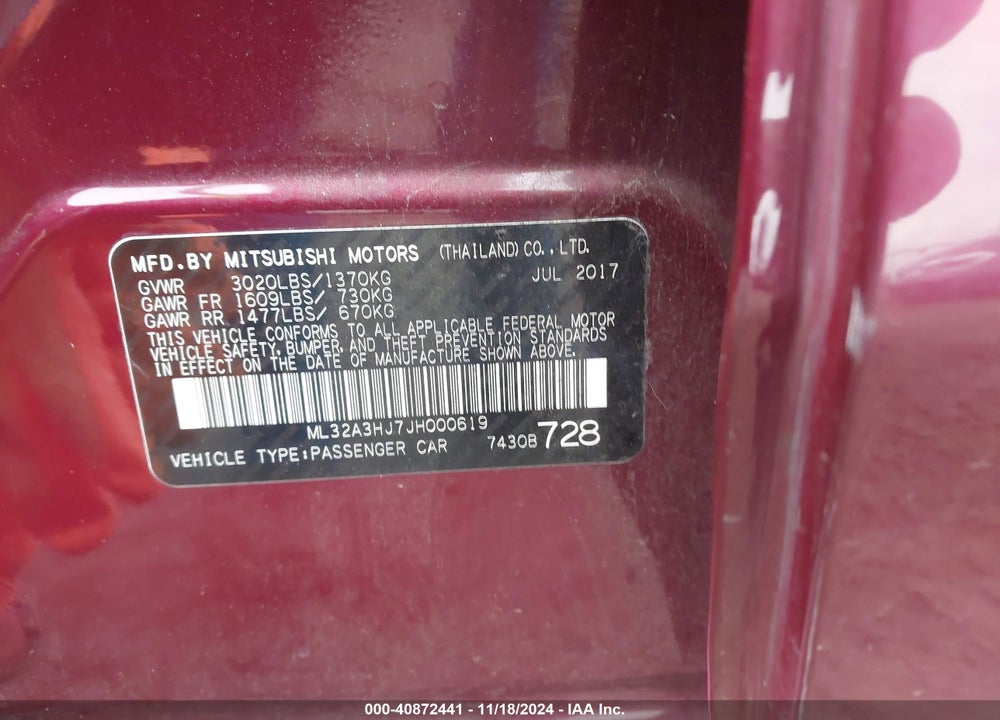 2018 MITSUBISHI MIRAGE ES VIN: ML32A3HJ7JH000619