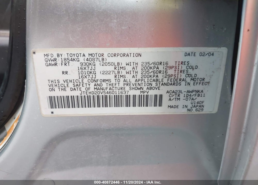 2004 TOYOTA RAV4 VIN: JTEHD20V546011637