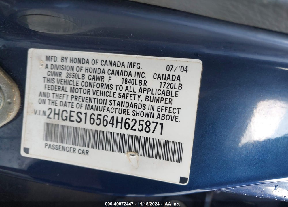 2004 HONDA CIVIC LX VIN: 2HGES16564H625871
