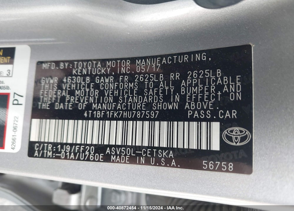 2017 TOYOTA CAMRY SE VIN: 4T1BF1FK7HU787597