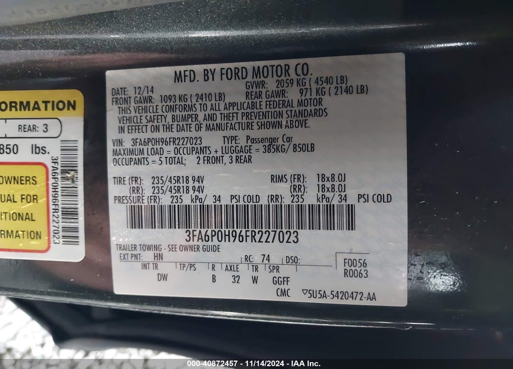 2015 FORD FUSION SE VIN: 3FA6P0H96FR227023