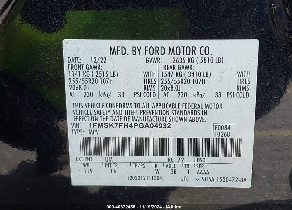 2023 FORD EXPLORER LIMITED VIN: 1FMSK7FH4PGA04932