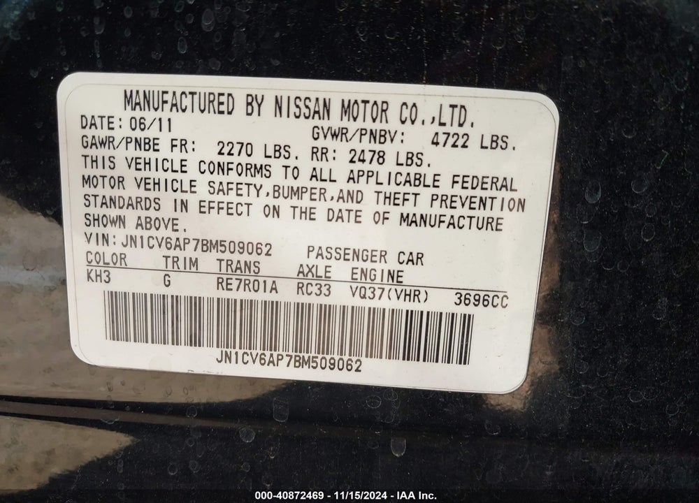 2011 INFINITI G37 JOURNEY VIN: JN1CV6AP7BM509062