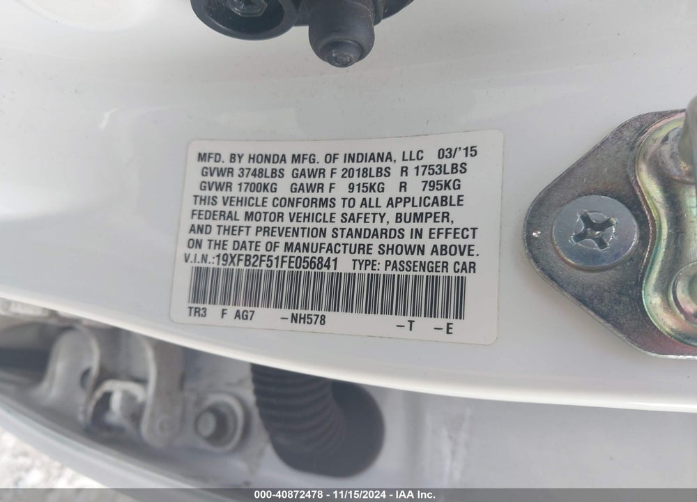 2015 HONDA CIVIC LX VIN: 19XFB2F51FE056841